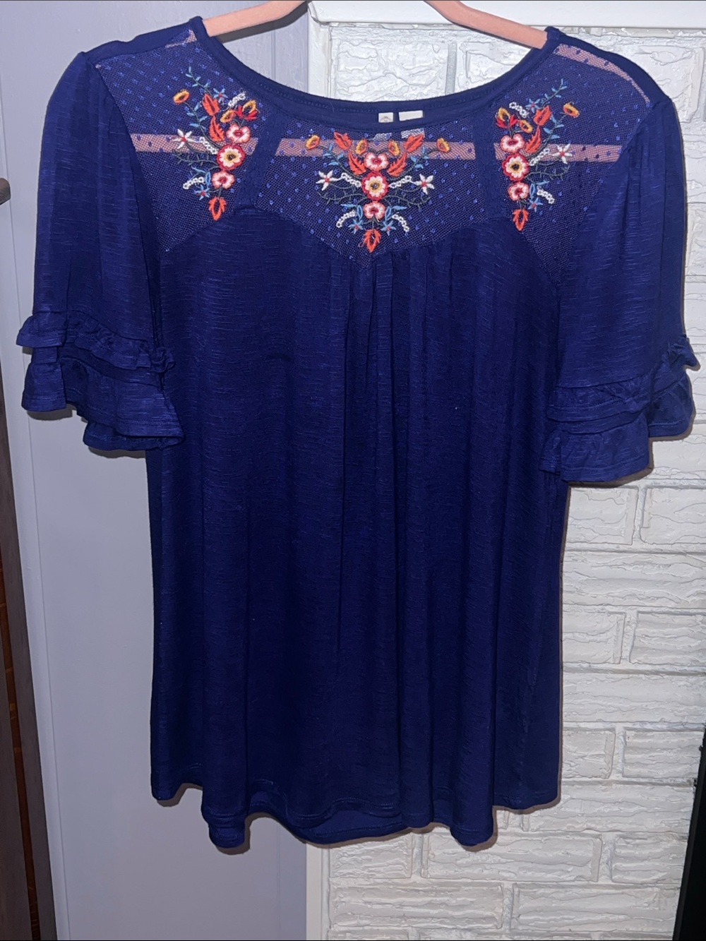 3/$  Cato Ruffed Sleeve Blouse w/ embroidered lace detail